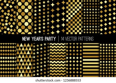 
New Year's Party Vector Patterns. Gold Disco Ball, Confetti and Stars Backgrounds. Shiny Metallic Gradient Prints. Glow in The Dark Textures. Repeating Pattern Tile Swatches Included.
