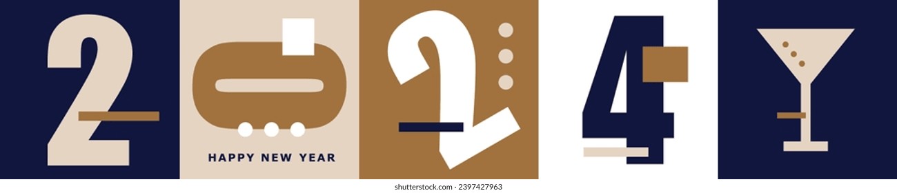 New Years Party Vector Print with Number 2024 and Glass of Sparkling Wine With Bubbles on a Gold-Blue-White Background. New Year's Eve Modern Minimalist Composition ideal for Banner, Greetings, Card.