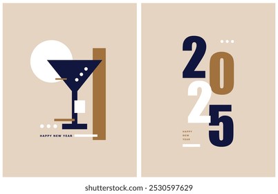 New Years Party Vektor Prints mit Gold-Blau-Weiß 2025 und Glas Sekt mit Blasen auf beigem Hintergrund. Moderne minimalistische Neujahrskomposition ideal für Poster, Grüße, Karte.	