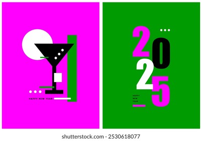 New Years Party Vector Prints with 2025 and Glass of Sparkling Wine on a Neon Pink and Green Background. New Year's Eve Modern Minimalist Composition ideal for Greetings, Card. RGB.