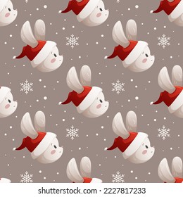 New Year's pattern 2023 with rabbit in hat on gray background with snow