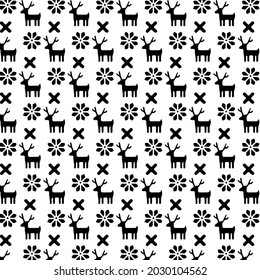 New Year's pattern. Abstraction. Black and white.Deer and flowers.