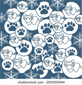 New Year's pattern based on circles with tigers, footprints and snowflakes. The 2022 symbol behind the Chinese horoscope