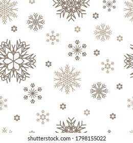 
New Year's pattern of beige snowflakes on a white background. Design element. Vector illustration.