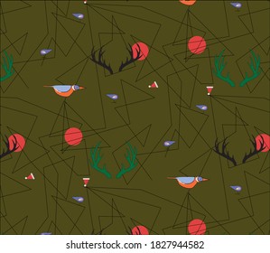 NEW YEAR'S PATTERN, for booklets, wrapping paper, deer antlers, bird, Santa Claus hat