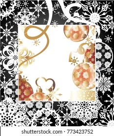 New Year's pattern with bright Christmas decorations. Free space for a welcome text. Vector illustration.