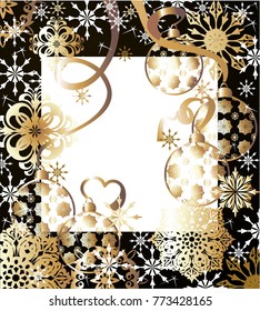 New Year's pattern with bright Christmas decorations. Free space for a welcome text. Vector illustration.