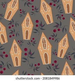 New Year's pattern. Christmas cookies. Gingerbread. Holly. New Year's winter berries. Pajamas. Design for textiles, wallpaper, mugs. Gift wrapping. An idea for a gift. Happy New Year and Christmas.
