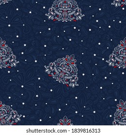 New Year's pattern with a Christmas tree and patterns. For printing on fabric, packaging. Background for new year gifts.