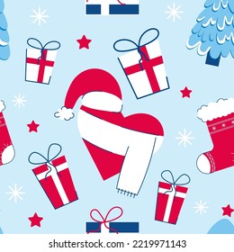 New Year's pattern with a Christmas tree. Xmas pattern on a blue background. Pattern with gifts and a heart with a scarf.