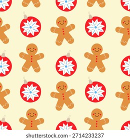 Padrão de Ano Novo com baubles vermelhos da árvore de Natal e homens de gengibre, atmosfera de Natal festivo. Ilustração vetorial