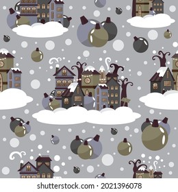 Patrón de Año Nuevo. Acogedoras casas para Navidad. La nieve está cayendo. Vector, festividad, ilustración de nieve. Papel envuelto para las vacaciones. Una postal para tus seres queridos. Una imagen acogedora. Imaginación.