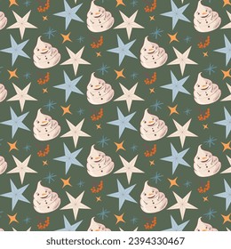 New Year's pattern of funny children's cute snowmen, big and small stars and snowflakes on a traditional green background. Something for fabric, gift wrapping, textile, pillow, bed linen, background.