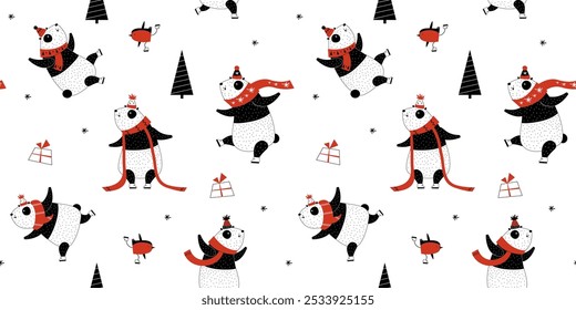 New Year's pattern: funny pandas, bullfinches, Christmas trees and gifts. Vector hand drawn illustration, gift background.