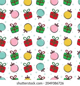 New Year's pattern with gifts and balls for the Christmas tree. Vector image in cartoon style. Christmas pattern