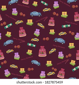 New Year's pattern with gifts. Burgundy background. Vector illustration. Textile composition, template for design print, fabric, wallpaper and box.
