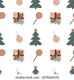 New Year's pattern with gifts, Christmas tree, lollipops. Vector.