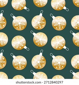 New Years pattern with golden Christmas tree balls and snowflakes. A festive Christmas atmosphere. Vector illustration