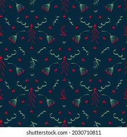 New Year's pattern with holly berries. Background of berries in a circle of snowflakes and letna. A hand-drawn pattern for packaging paper or textiles. Happy New Year. Vector illustration