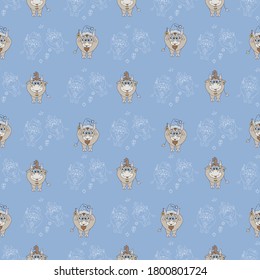 Patrón de Año Nuevo con animales cuernos.  Patrones sin foco con símbolo de 2021 - una vaca y un toro. Dibujos de contorno blanco y coloreado sobre un fondo azul claro. Para el diseño festivo, embalaje. Vector 