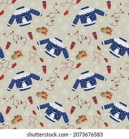 New Year's pattern. Ice skating with coffee. Garlands and snow.