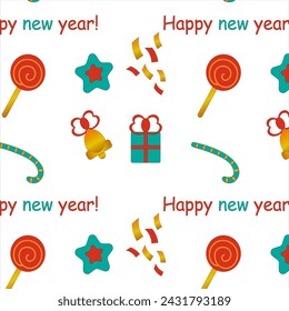 New Year's pattern with the image of confetti, candy canes, gift