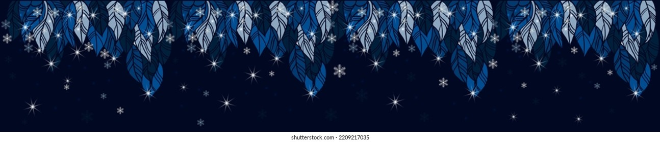 New Year's pattern of leaves and snowflakes on a dark starry sky
