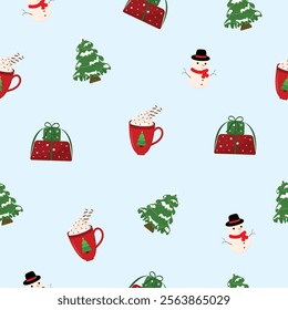 New year's pattern on a christmas tree,gift,snowman,hot chocolate on a blue background.Vector illustration.