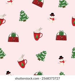  New year's pattern on a christmas tree,gift,snowman,hot chocolate on a pink background.Vector illustration.