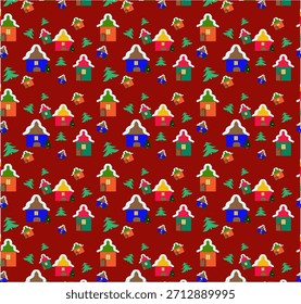 Patrón de año Nuevo sobre un fondo rojo con casas multicolores y árboles de Navidad.