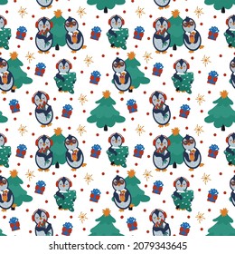 New Year's pattern with penguins and Christmas trees. Festive animals doodle background Christmas. Cute new year textile backing. Vector illustration