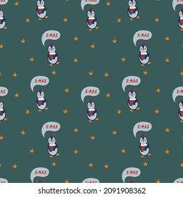 New Year's pattern with penguins and an inscription. Festive animals with Christmas letters. Background for textiles of the New Year. Vector illustration