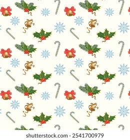 New Year's pattern with pine branches, holly and bell