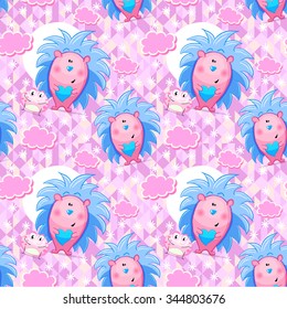 New year's pattern with pink funny hedgehog and monster. Vector seamless background