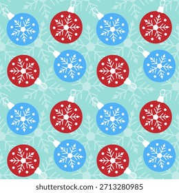 Padrão de Ano Novo com bolas vermelhas e azuis e flocos de neve, atmosfera de Natal festivo. Em fundo azul suave. Ilustração vetorial