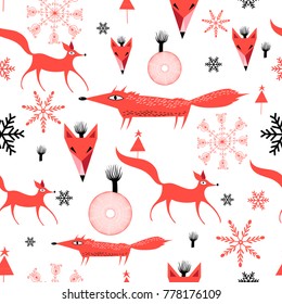 New Years pattern of red foxes on white background with snowflakes
