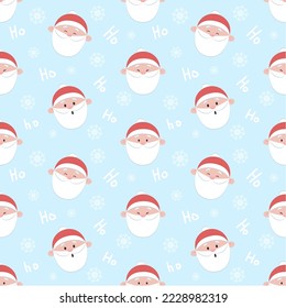 New Year's pattern with Santa Claus faces, snowflakes on a blue background. Vector graphics for Christmas design