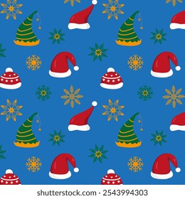 New Year's pattern with Santa Claus, elf and winter hats on a blue background, vector illustration