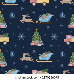 New Year's Pattern. Seamless Christmas Pattern With The Image Of Santa's Reindeer, Christmas Tree With Gifts And Cars With New Year's Gifts. A Holiday Card. Vector.