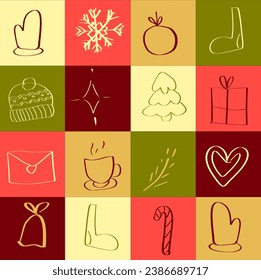 New Year's pattern of squares with different elements. Pattern for napkin, fabric.