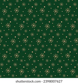 Patrón de Año Nuevo. Estrellas grandes y pequeñas sobre un fondo festivo verde. Imagen vectorial. Para decoración, embalaje, textiles, tarjetas, ropa.