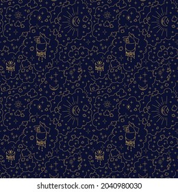 New Year's pattern with stars hand and mysticism. Modern background with golden Christmas elements. Hand drawing with stars, the moon for Christmas wrapping paper. Happy New Year. Vector illustration