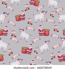 Neujahrsmuster mit dem Symbol des Neujahrsbullen, des Weihnachtsmanns, des Schneemanns und der Geschenke. Neujahr und Weihnachten. Cute lustigen Stil für Postkarten, Tapete, Geschenk.