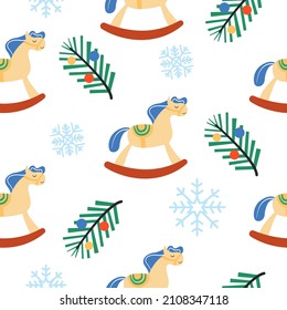 New Year's pattern with a teddy horse, snowflakes and a sprig of spruce. Bright festive background. Vector illustration.