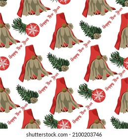 New Year's pattern for textiles, wrapping paper. Motif with gnome, toys, pine cones and branches on a white background