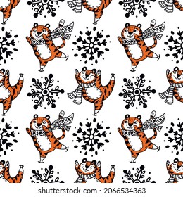 New Year's pattern. A tiger in a New Year's scarf is skating, snowflakes are flying around. Vectone illustration in hand drawing style on white background