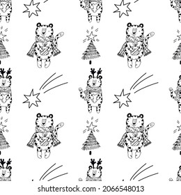 New Year's pattern with tigers. One tiger holds a gift, another tiger holds a heart. A star and snowflakes are flying nearby. The Christmas tree is on fire. Vector  illustration on a white background