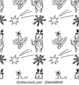 New Year's pattern with tigers. One tiger holds a gift, another tiger holds a heart. Nearby is a holly and a bright star. Vector flat illustration on a white background. Outline drawing