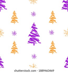 New Year's pattern. Trees. Snowflakes. On white background.