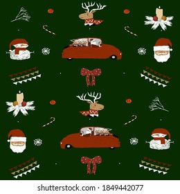 
New Year's pattern. Vector Christmas illustration with car, deer, candle, for print, poster, banner, postcard, design.